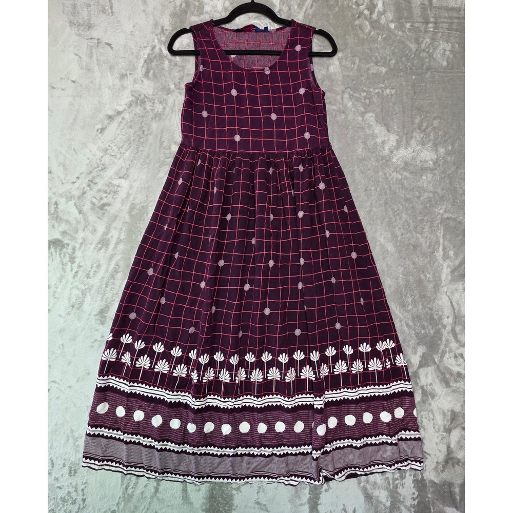 Fusion Womens Wine Purple Grid Floral Print Viscose Sleeveless Maxi Dress Small